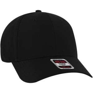 A black low-profile baseball cap featuring a six-panel design and a branded tag.