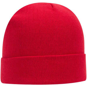 A red classic knit beanie with a ribbed texture and turned-up cuff, featuring a logo.
