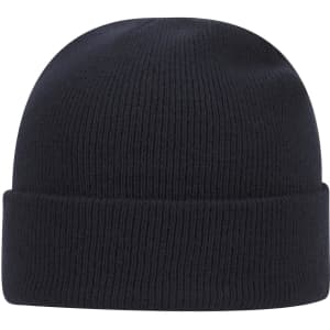 A classic knit beanie in navy blue, featuring a ribbed texture and a fold-up cuff. It has a logo on it.