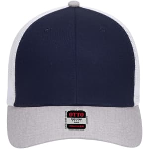 A navy and grey 6 Panel Low Profile Trucker Cap with a mesh back and a branded patch on the front.