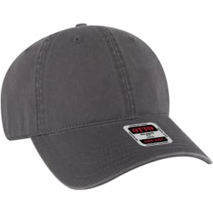A grey 6-panel low profile dad cap with a curved brim and branding on the side.