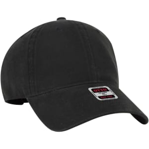 A black 6 panel low profile dad cap with a logo on the front. Designed for a casual look.