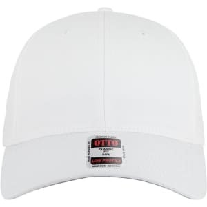 A white 6 panel low profile baseball cap with a branded label on the front.