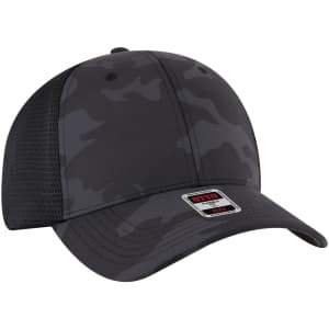 A grey camouflage low-profile trucker cap with a mesh back and a logo on the front.