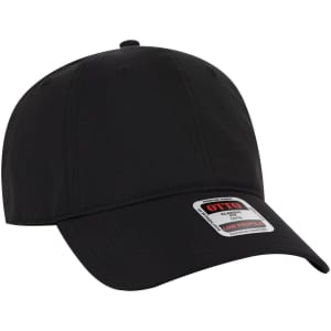 A black 6 panel low profile style baseball cap with a logo on the front and a curved brim.
