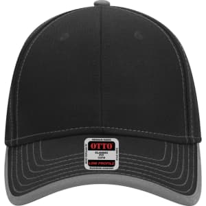 A black and grey 6 panel low profile baseball cap with a logo near the front.