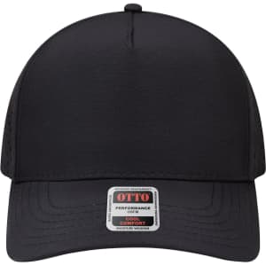 A black 5 panel mid profile baseball cap featuring a logo and moisture-wicking fabric.