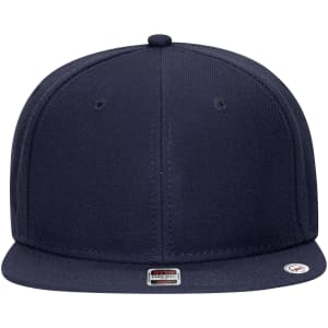 A navy blue mid-profile snapback cap with a grey undervisor and a logo on the side.