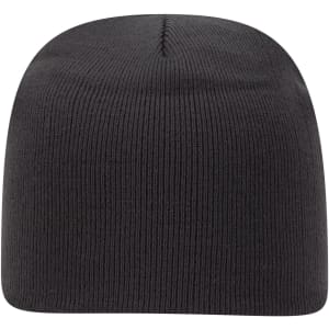 A classic knit beanie in black with a fitted design and a ribbed texture. It features a logo on the side.
