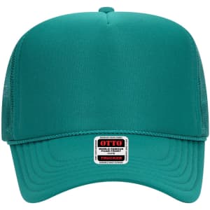 A teal 5 Panel High Crown Trucker Cap featuring a mesh back and a rectangular logo label on the front.