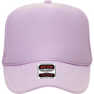 A lilac 5 Panel High Crown Trucker Cap with a premium foam front and a logo on the label.