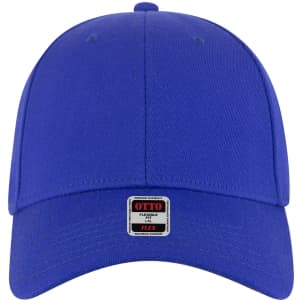 A blue 6 panel low profile style baseball cap with a logo on the front.