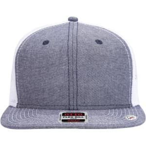A grey and white 6 panel mid profile trucker cap featuring a logo on the front.