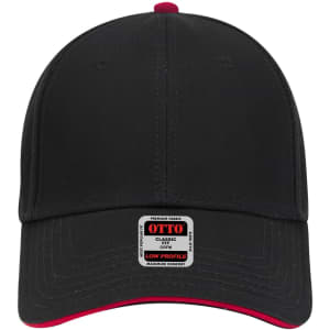 A black 6 panel low profile baseball cap with a red underbrim and a logo on the front.