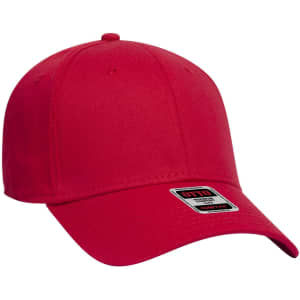 A red six-panel low-profile baseball cap with a branding logo on the front.