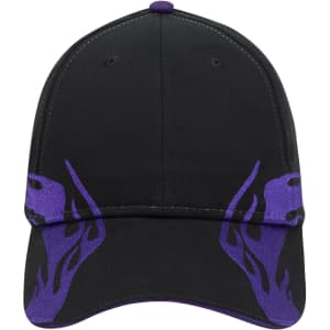 A black baseball cap with purple flame designs and a logo on the front.