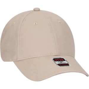 A beige low profile baseball cap featuring a front panel and a logo. Ideal for youth headwear.