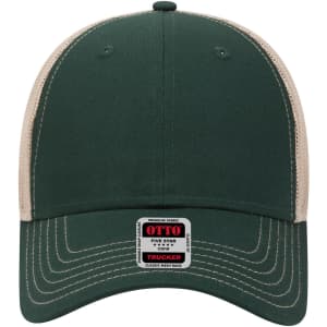 A low profile trucker cap in dark green with a beige mesh back, featuring a logo on the front.
