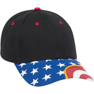 A low-profile six-panel baseball cap featuring a black body and a blue star-patterned brim with red details.