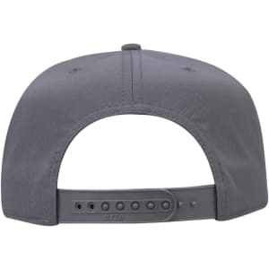 A grey 5 panel mid profile baseball cap featuring an adjustable snapback closure and a logo on the side.