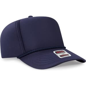 A navy blue 5 panel high crown full foam cap with a braided trim and a logo on the front.