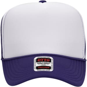 A purple and white 5 Panel High Crown Trucker Cap featuring a logo and a snap closure at the back.