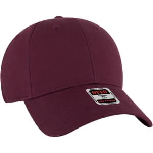 A maroon 6 panel low profile baseball cap with a logo, featuring a curved brim and adjustable back.