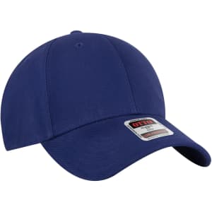 A navy blue 6 panel low profile baseball cap with a logo on the front and an adjustable back.