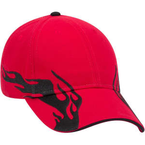 A red low profile baseball cap with black flame designs and a black trim on the brim. It features a logo.