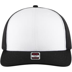 A 6-panel mid-profile trucker cap in white and black, featuring a mesh back and a small logo.