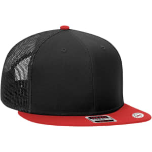 A black trucker cap with a red visor and mesh back, featuring a logo on the front.