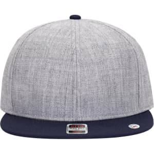 A grey snapback cap with a navy blue brim and a logo on the front.