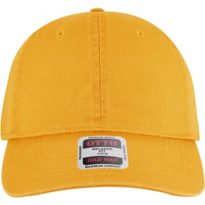 A yellow 6 panel low profile dad cap with a logo and a relaxed fit for maximum comfort.