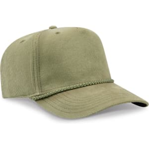 An olive green 5 panel mid profile baseball cap with a braided accent and a logo on the front.