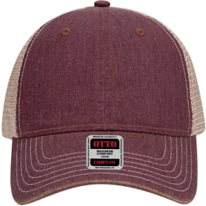 A maroon and beige 6 panel low profile soft polyester baseball cap with a logo on the front.