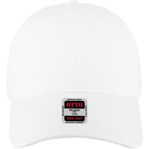 A white 6 panel low profile dad cap with a logo on the front and a relaxed fit design.