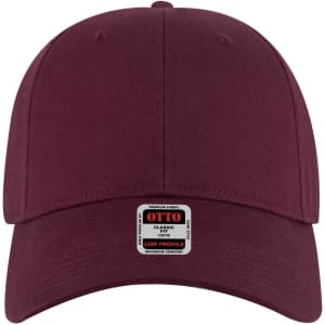 A maroon 6 panel low profile baseball cap featuring a branding tag on the front.
