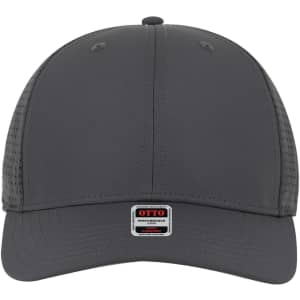 A grey 6 panel mid profile style baseball cap with a branded logo on the front.