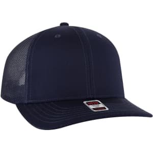 A navy blue 6 panel mid profile trucker cap with a mesh back and a logo on the front.