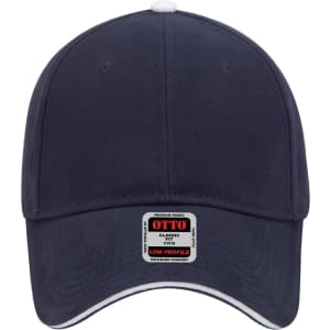 A navy blue 6 panel low profile baseball cap with a logo and premium fabric design.
