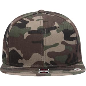 A camo-patterned 6 panel mid-profile snapback cap featuring a curved brim and a logo on the side.