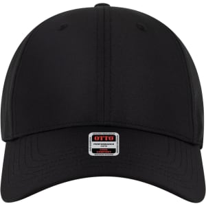 A black 6 panel low profile baseball cap with curved brim and a logo on the front.