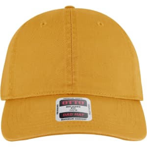 A yellow 6 panel low profile dad cap with a logo on the front and a curved brim.