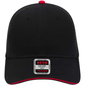 A black low profile trucker cap with a red accent and a branded label on the front.