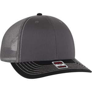 A grey and black 6 panel mid profile trucker cap with a mesh back and a logo on the front.