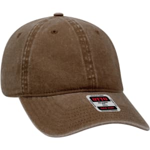 A brown 6-panel low profile dad cap with a curved brim and an adjustable strap at the back, featuring a logo.
