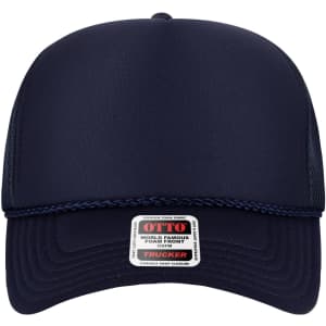 A navy blue 5 Panel High Crown Air Mesh Back Trucker Hat with a mesh back and a branded label on the front.