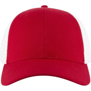 A red and white Flex Fit 6 Panel Low Profile Trucker Cap featuring a structured design and a curved brim.