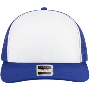 A blue and white trucker cap with a mesh back, featuring a branded tag on the front.