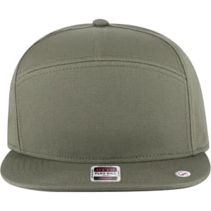 A mid-profile snapback cap in olive green with a flat brim and a logo on the side.